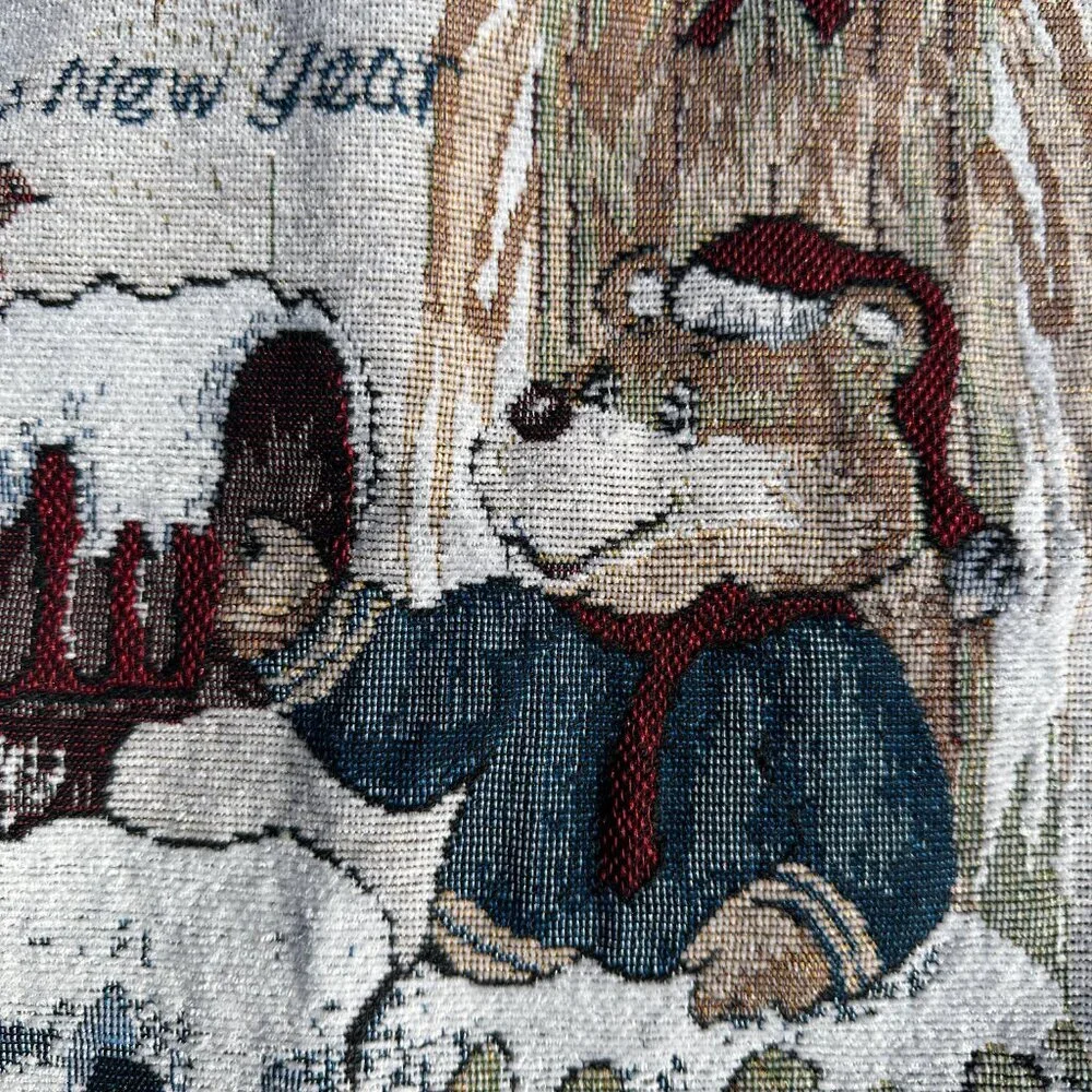 Set of 2 Vintage Christmas Teddy Bear Tapestry Square Pillow Covers Holidays